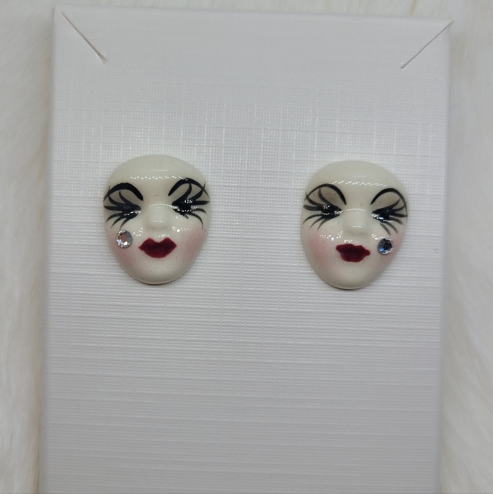 Vintage Fancy Faces Hand Painted Porcelian Mardi Gras Mask Stud Earrings